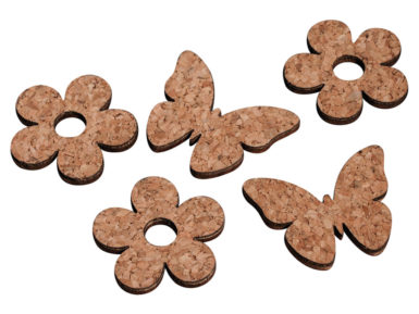 Koka figūriņas ar korķa pamatni Rayher ziedi un taureņi 3.5/4.0x0.3cm 12gab.